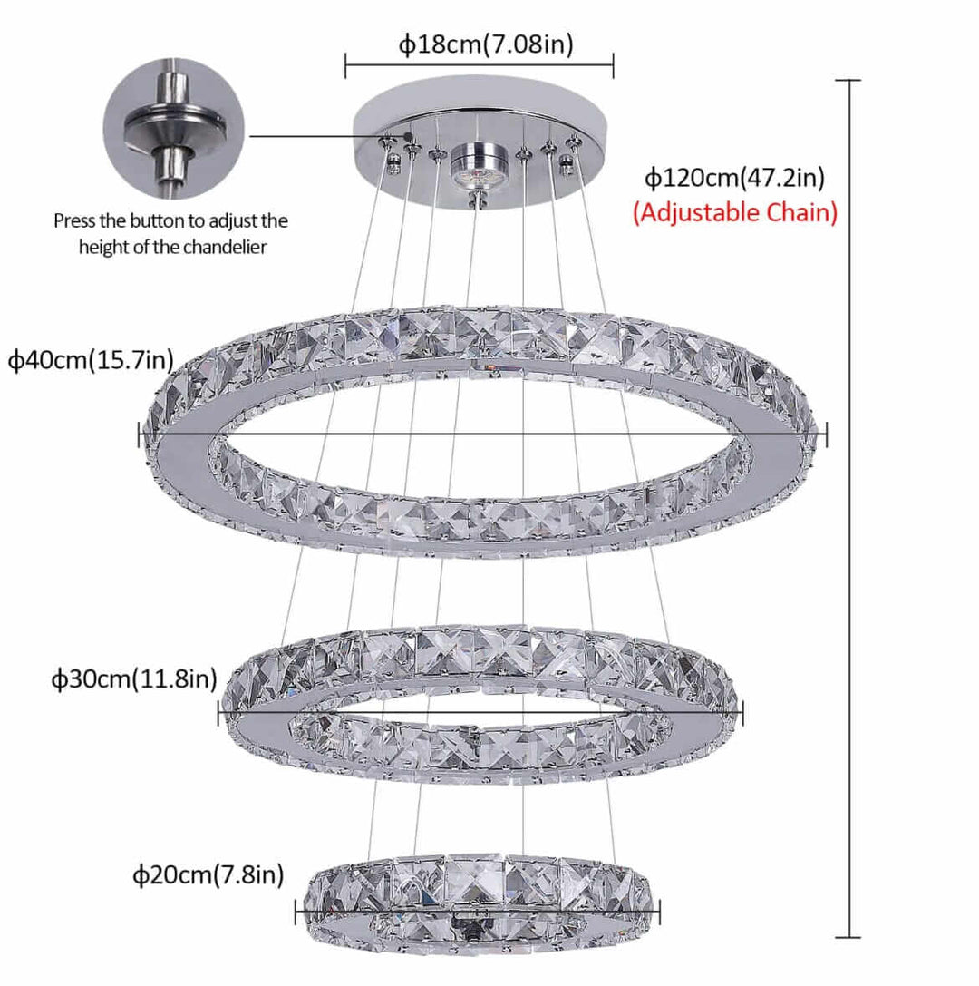 Three-tier adjustable Entryway Chandelier with sparkling crystals, showcasing height adjustments and modern design features.