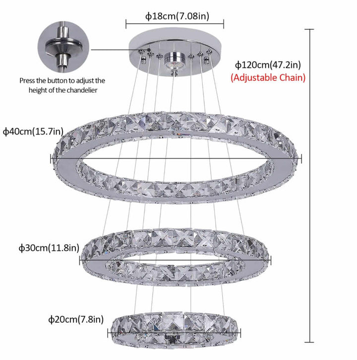 Three-tier adjustable Entryway Chandelier with sparkling crystals, showcasing height adjustments and modern design features.