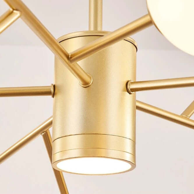 Close-up of the luxury bubble chandelier showcasing metal frame and glass orbs, reflecting timeless elegance.