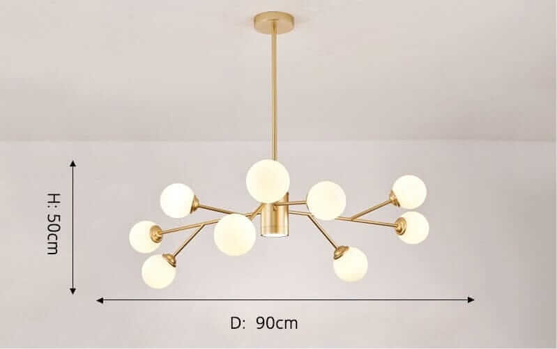 Metal Glass Luxury Bubble Chandelier with dimensions, showcasing a stunning golden design and white glass bubbles.