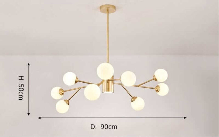 Metal Glass Luxury Bubble Chandelier with dimensions, showcasing a stunning golden design and white glass bubbles.