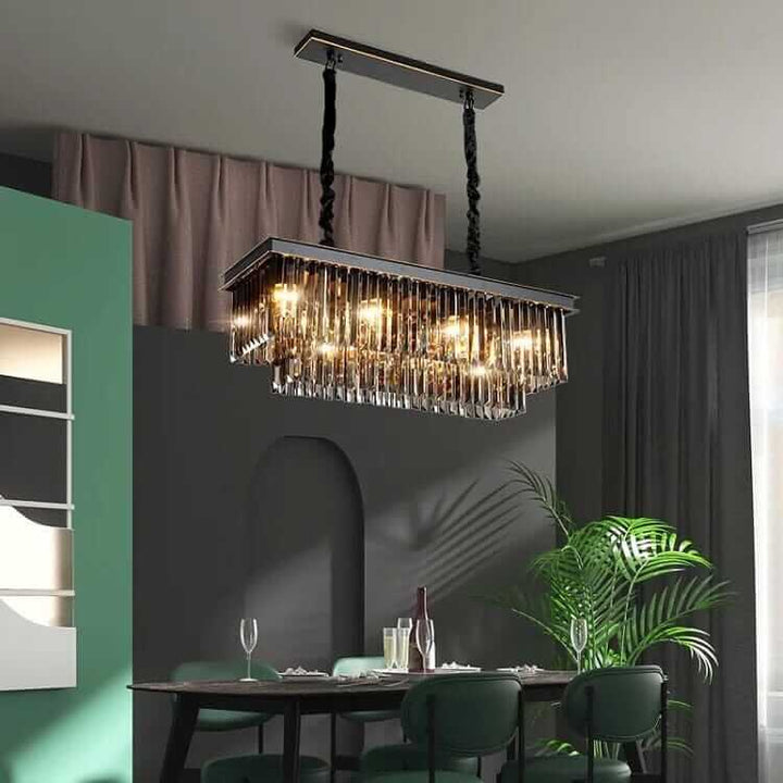 Stylish black chandelier illuminating a modern dining area, enhancing the ambiance with elegance and brilliance.