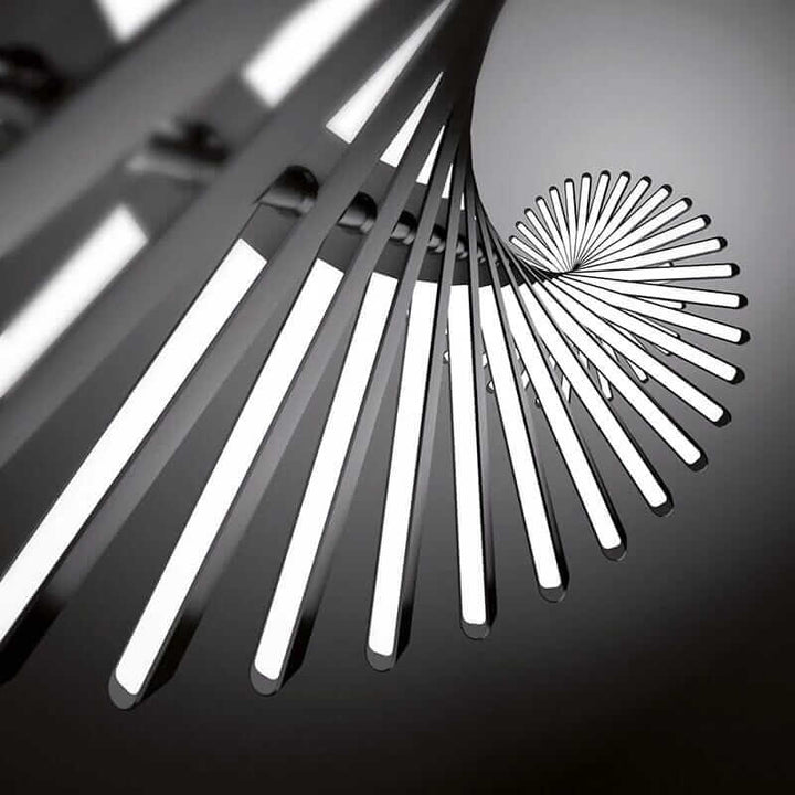 Sleek black chandelier with LED lights designed in a spiral fishbone shape, showcasing modern artistic elegance.