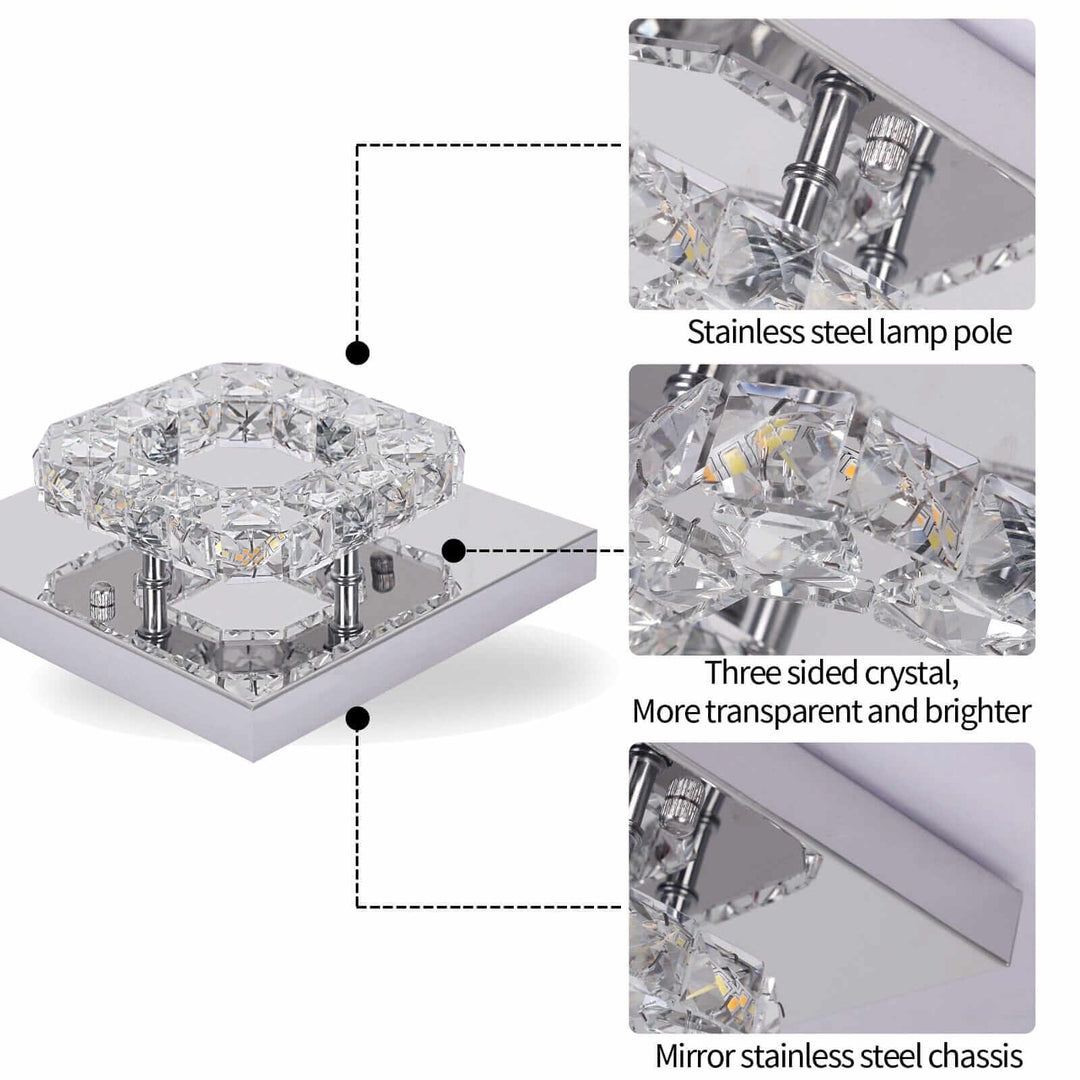 Small crystal chandelier showcasing stainless steel details and three-sided crystal for elegant illumination.