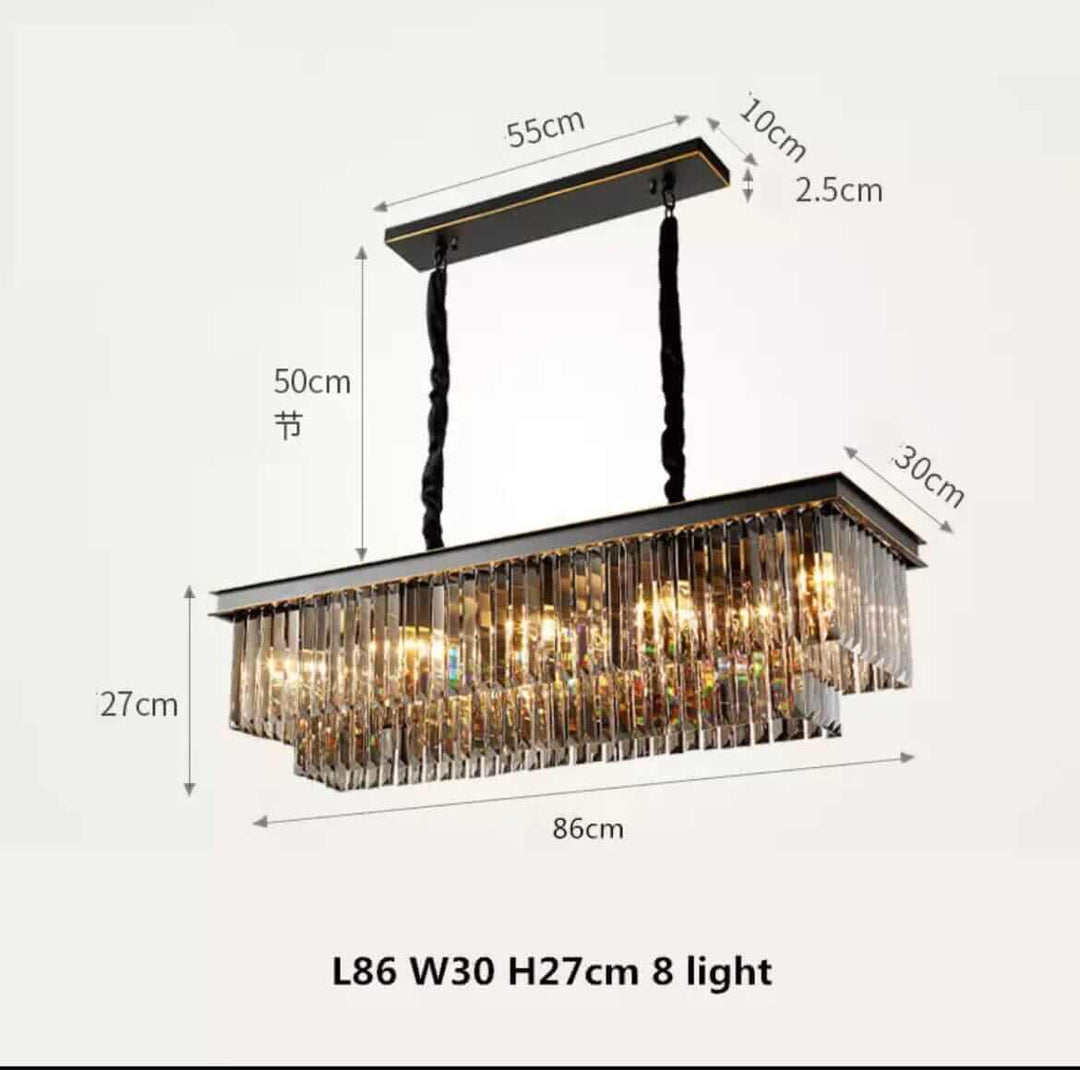 Stylish black chandelier dimensions L86 W30 H27cm featuring 8 lights, perfect for enhancing any room's ambiance.