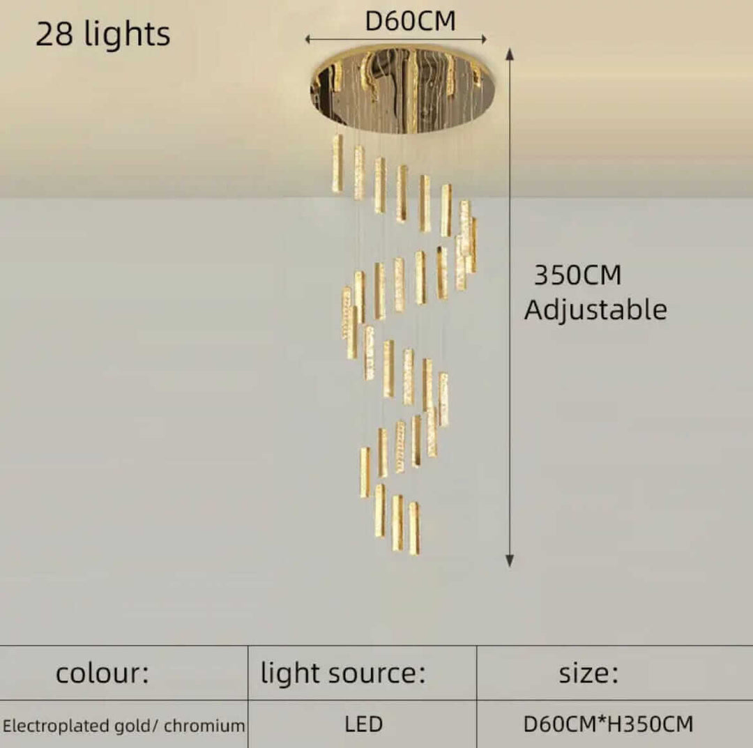 Modern LED staircase chandelier with 28 adjustable lights, electroplated gold finish, D60CM diameter.