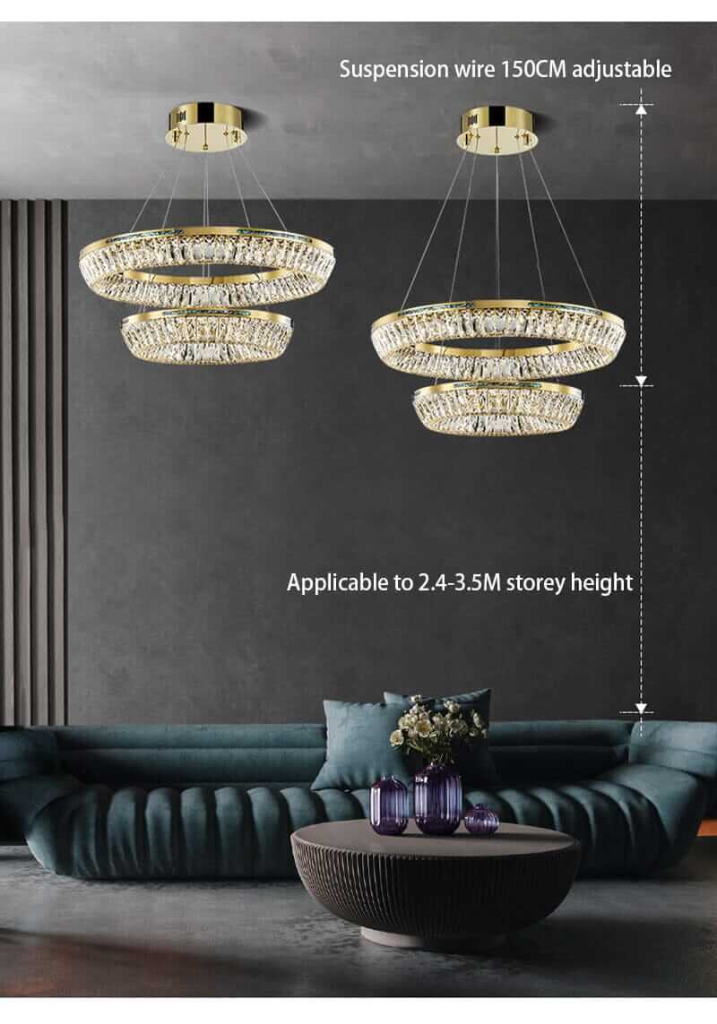 Foyer chandelier with adjustable suspension in a stylish living room, highlighting luxury and modern design.