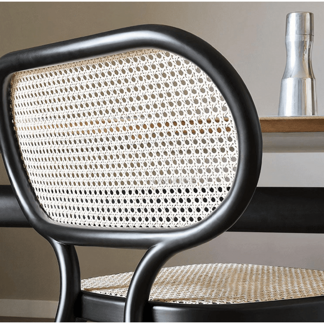 Black Wood Dining Chair - Natural Woven Design