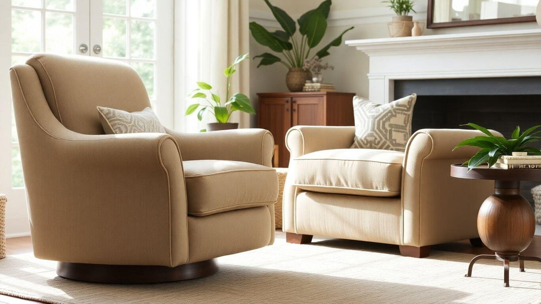 Large swivel barrel chair in a cozy living room.