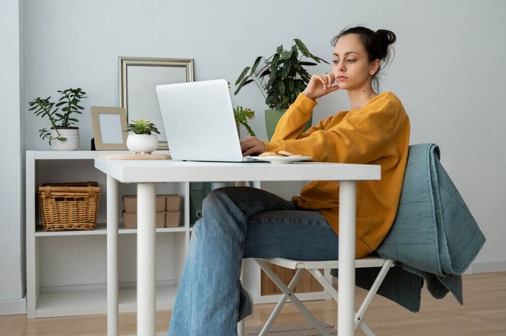 Home Office Decor: Stylish woman working at modern home office desk with laptop and plants.