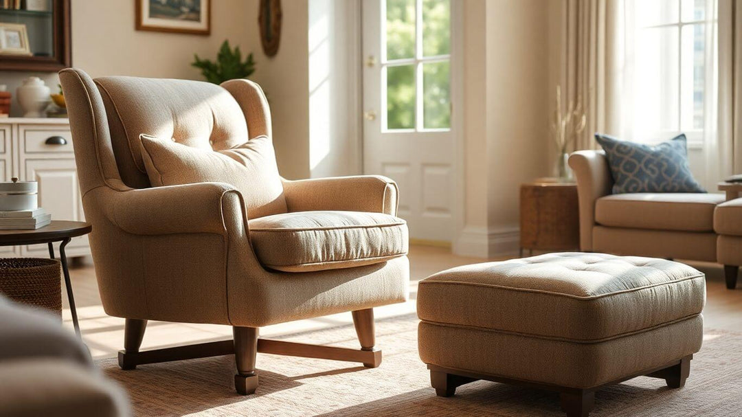 Comfortable armchair and ottoman in a sunlit room.