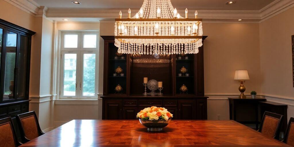 Rectangular chandelier above a modern dining table.