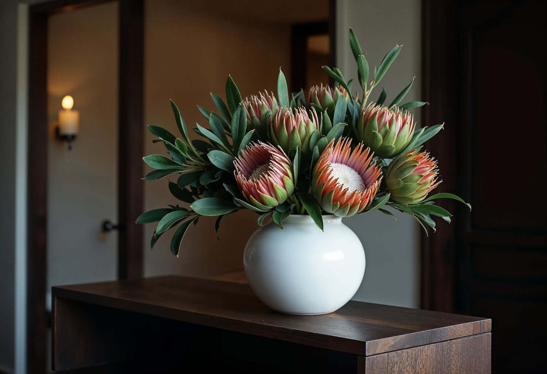 Vases filled with vibrant protea flowers on a wooden table, enhancing home decor with natural beauty.