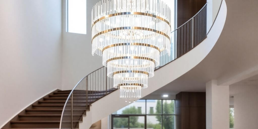 Modern staircase chandelier illuminates elegant home interior.