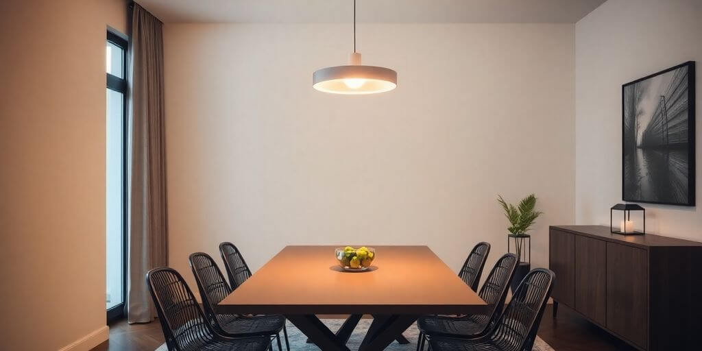 Elegant light fitting above a wooden dining table in a modern dining room setting.