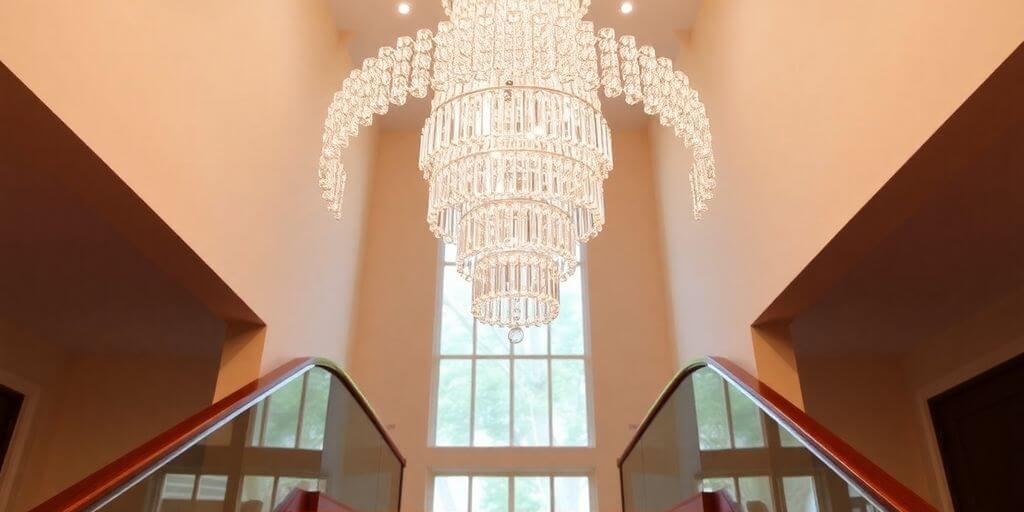 Elegant chandelier illuminating a grand staircase.
