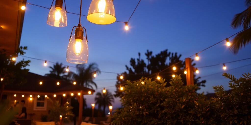 Stylish outdoor pendant lights illuminating a modern patio.