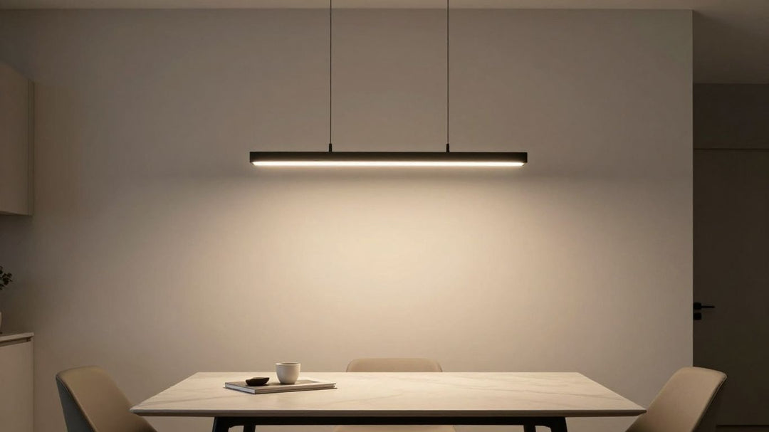 Black pendant light in a modern living room.