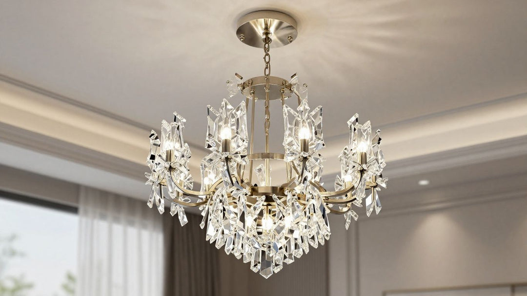 Modern geometric crystal chandelier in a luxurious living room.