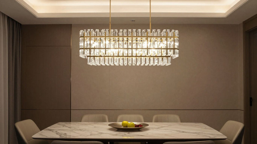 Elegant rectangular chandelier in a modern dining room.