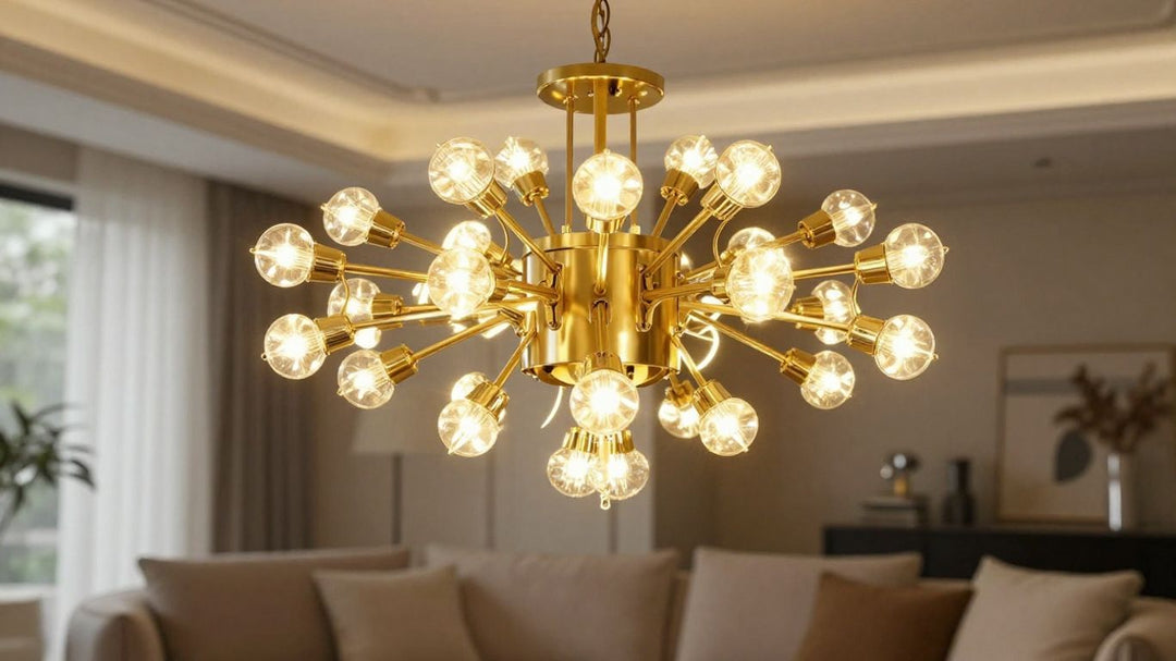 Sputnik chandelier illuminating a stylish living room.