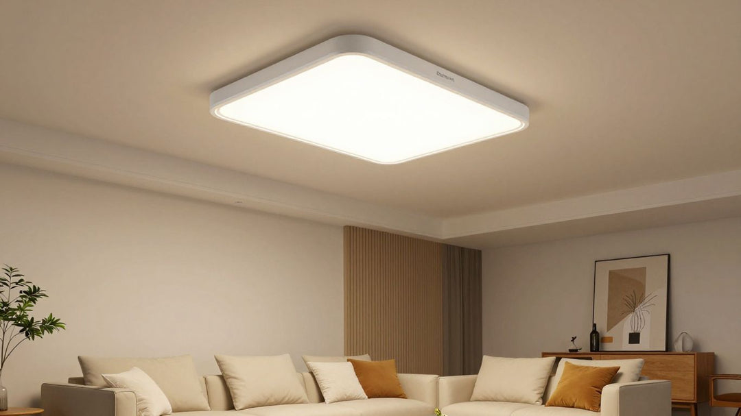 Dunelm ceiling lights illuminating a modern living room.