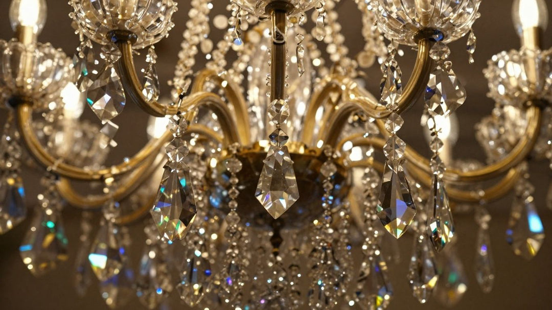 Vintage chandelier crystals sparkling with light.