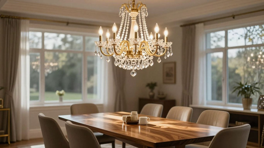 Elegant six-light chandelier illuminating a dining room.