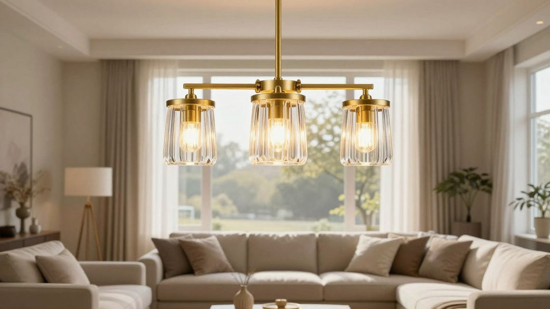 Three-light chandelier illuminating a stylish living room.