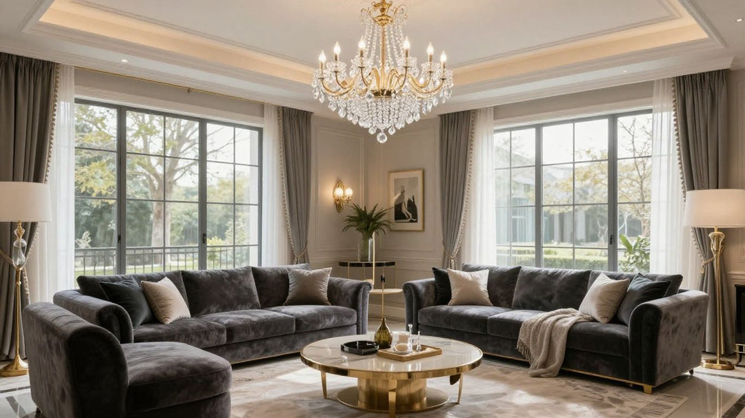 Elegant living room with a small crystal chandelier.