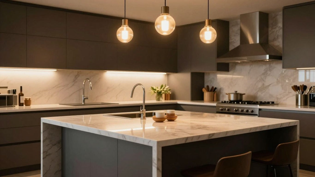 Luxury kitchen island with elegant pendant lighting.