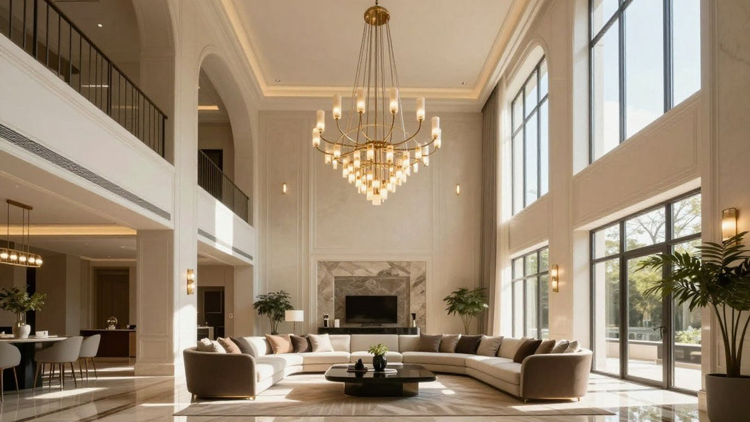 Chandelier hanging from a high vaulted ceiling in a living room.