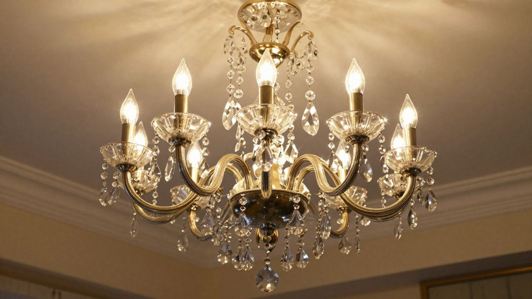 Elegant 6-light crystal chandelier glowing warmly.