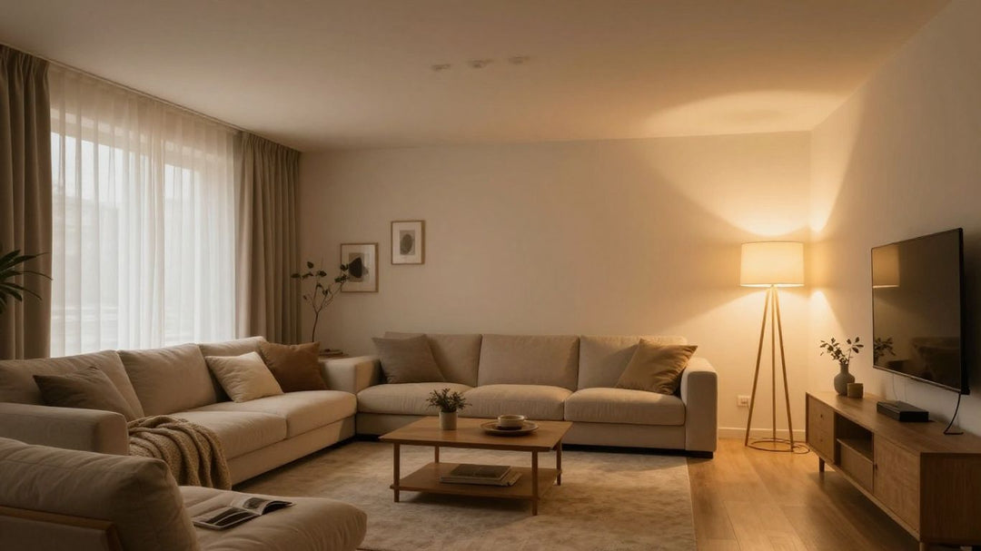 Smart lighting in a living room with low ceilings.