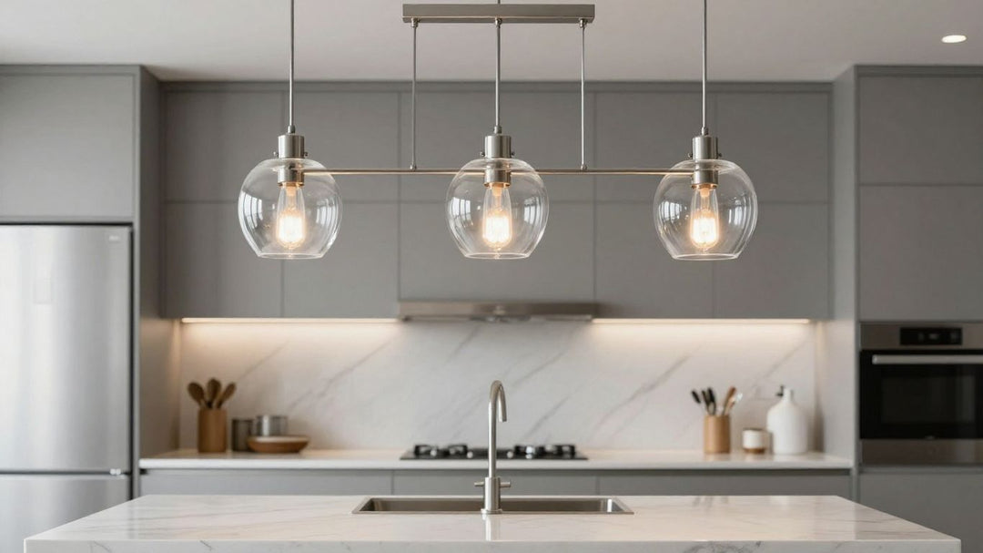 Stylish 3-light kitchen island pendant with clear glass shades.