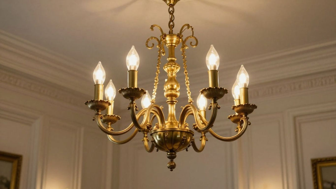 Elegant brass chandelier illuminating a luxurious room.
