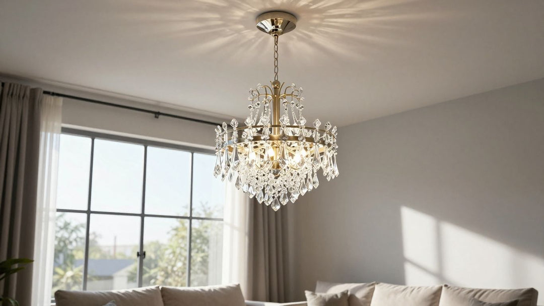 Stylish IKEA chandelier in a bright, modern living room.