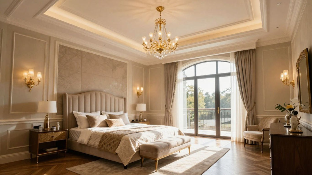 Bedroom with vaulted ceiling and elegant lighting.