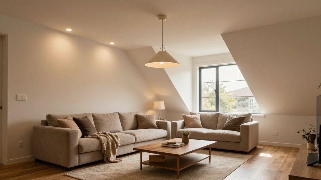 Living room with sloped ceiling and modern lighting.