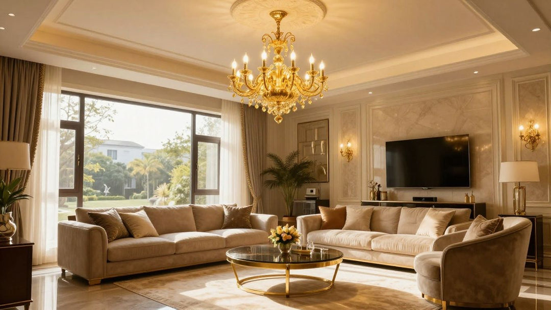 Elegant gold ceiling light fixture in a modern living room.