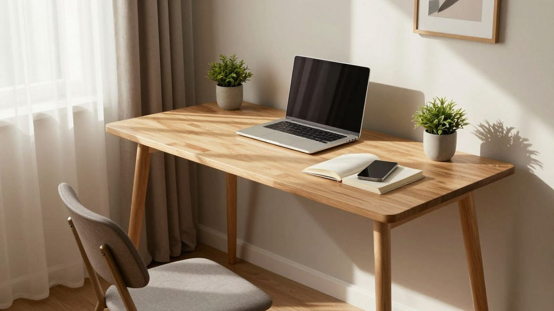 Desk in a small, bright room.