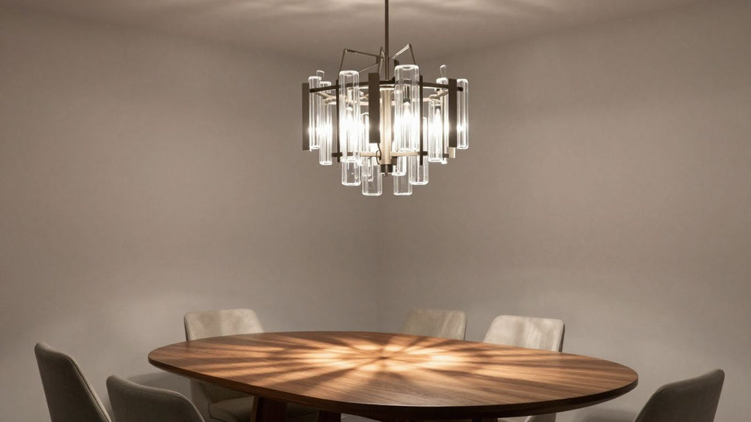 Contemporary dining chandelier illuminating a modern dining room.