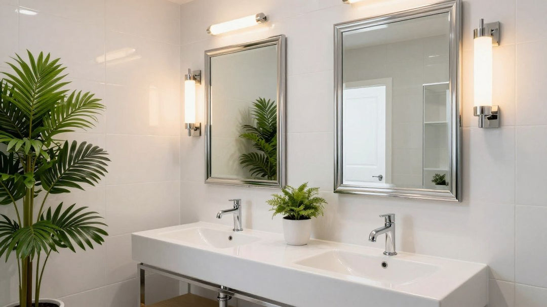 Modern bathroom with chrome wall lights above mirror