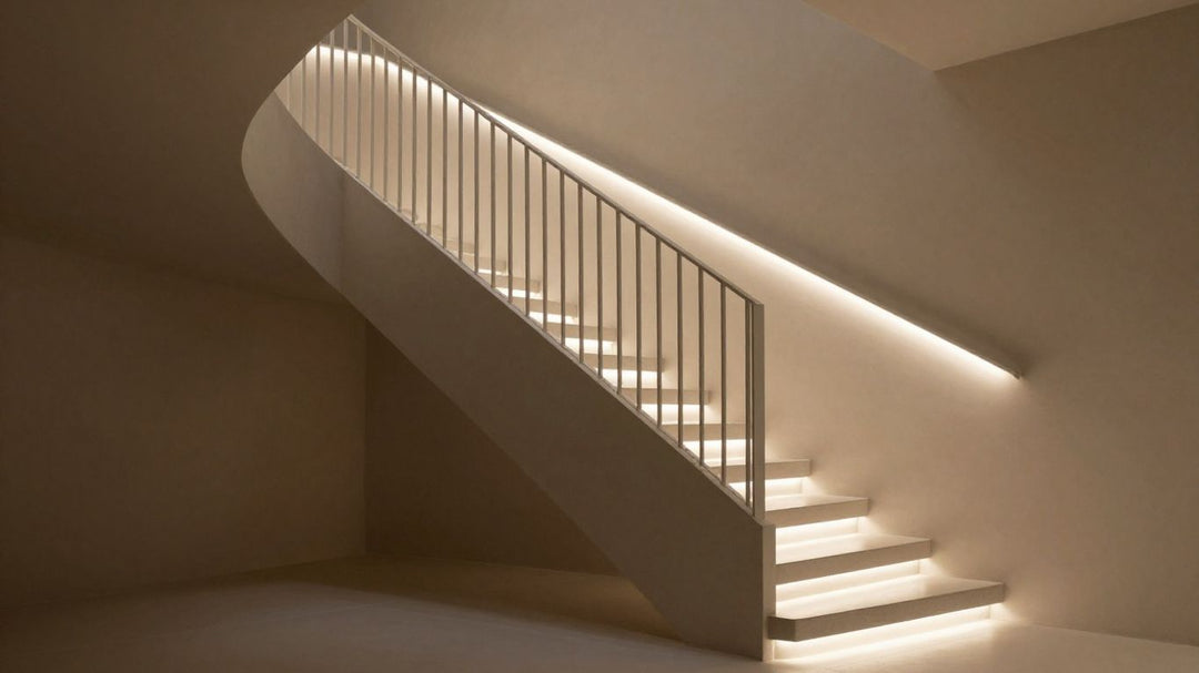 Modern stairs with integrated LED lighting.