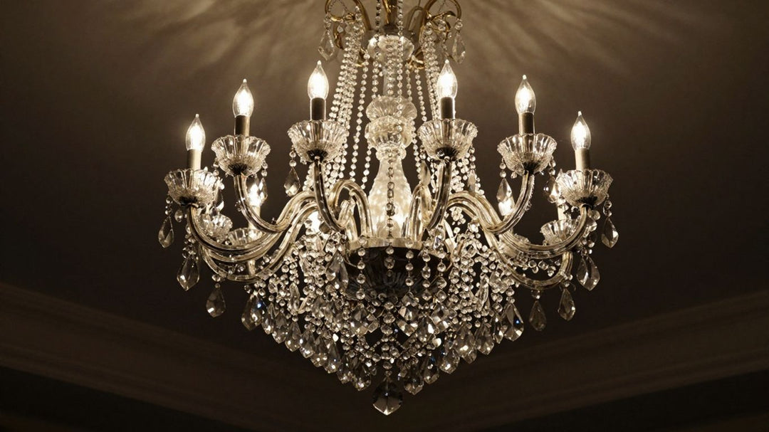 Elegant crystal chandelier sparkling with light.