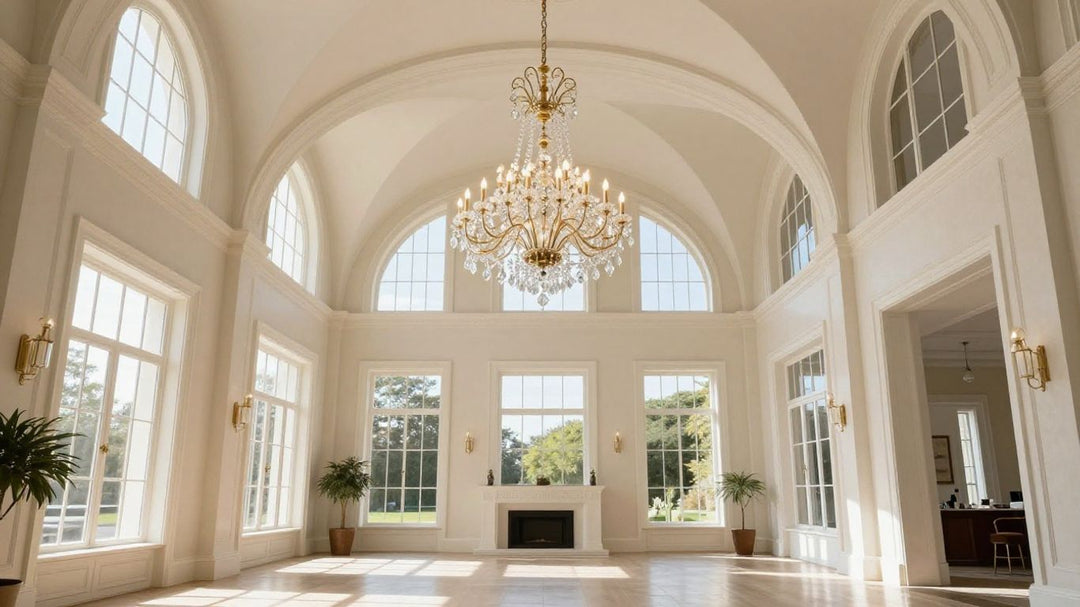 Chandelier hanging from a vaulted ceiling in a modern living room.