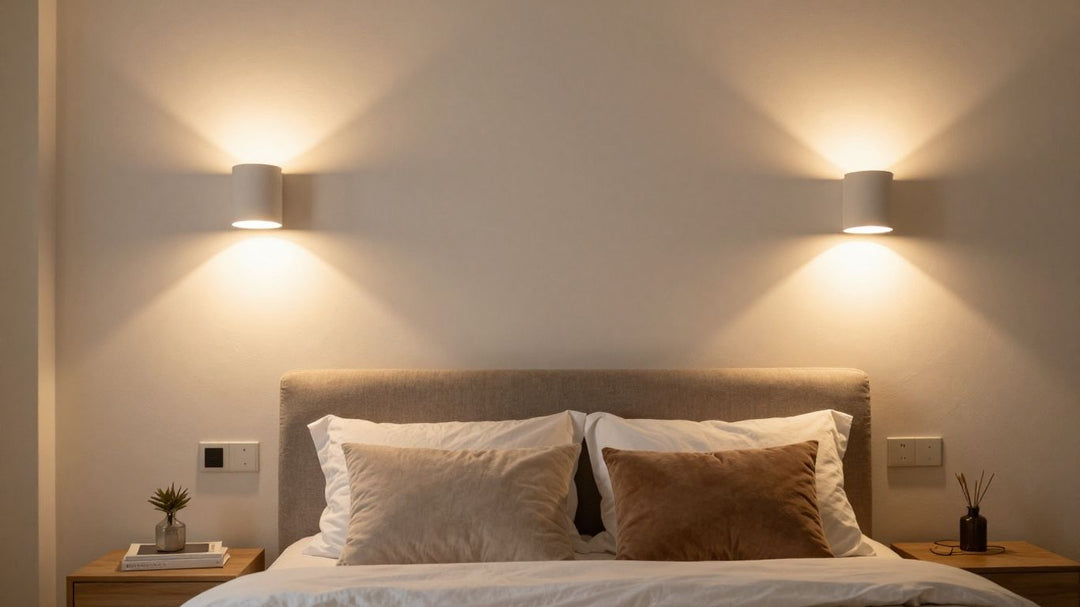 Stylish plug-in wall lights in a cozy bedroom.