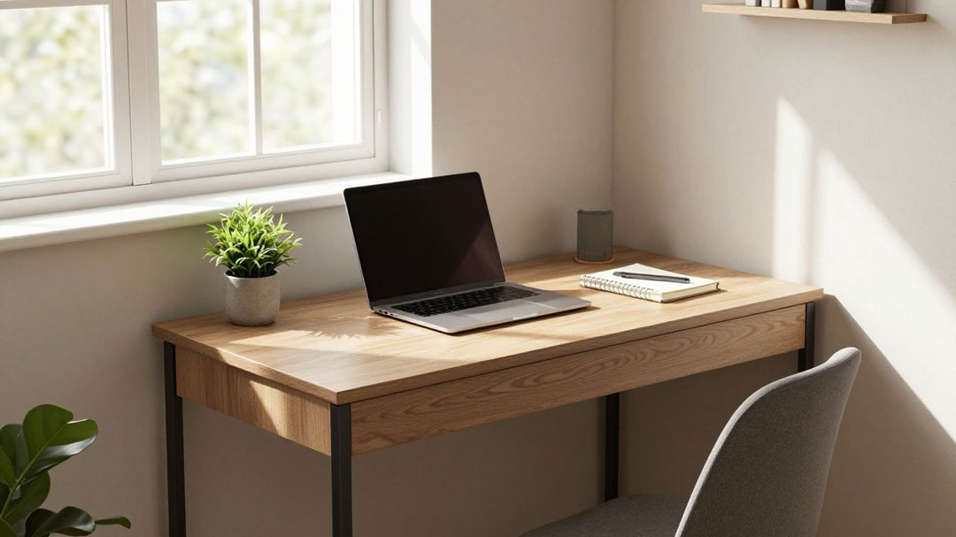 Narrow desk in a small, sunlit room.