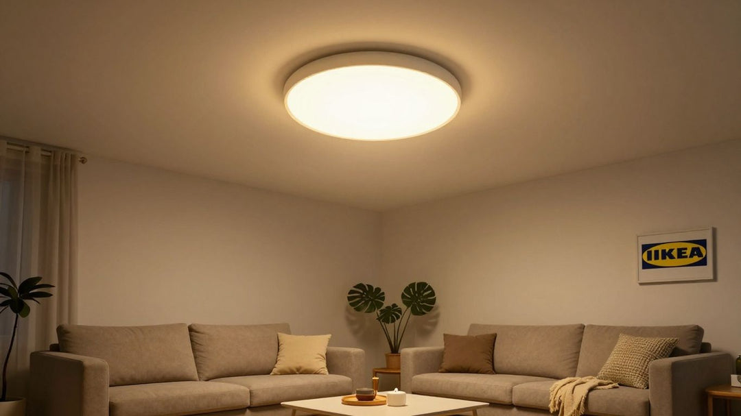 Modern IKEA ceiling light illuminating a living room.