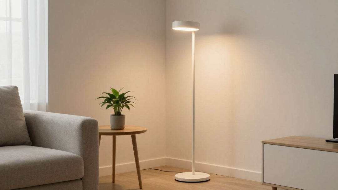 Minimalist lamp in a modern living room corner.